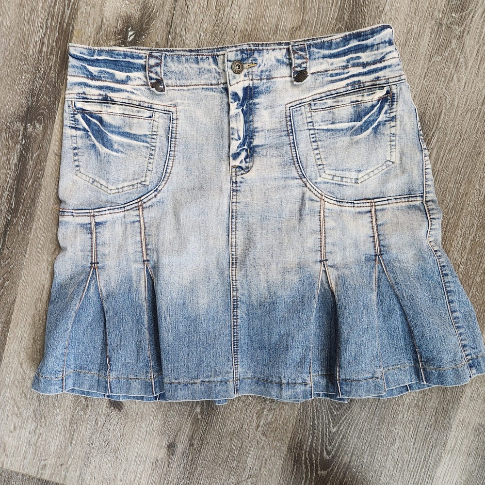 Defuze USA Denim Mini Skirt Womens 15/16 Acid Wash Pleated Y2K Stretch Blue